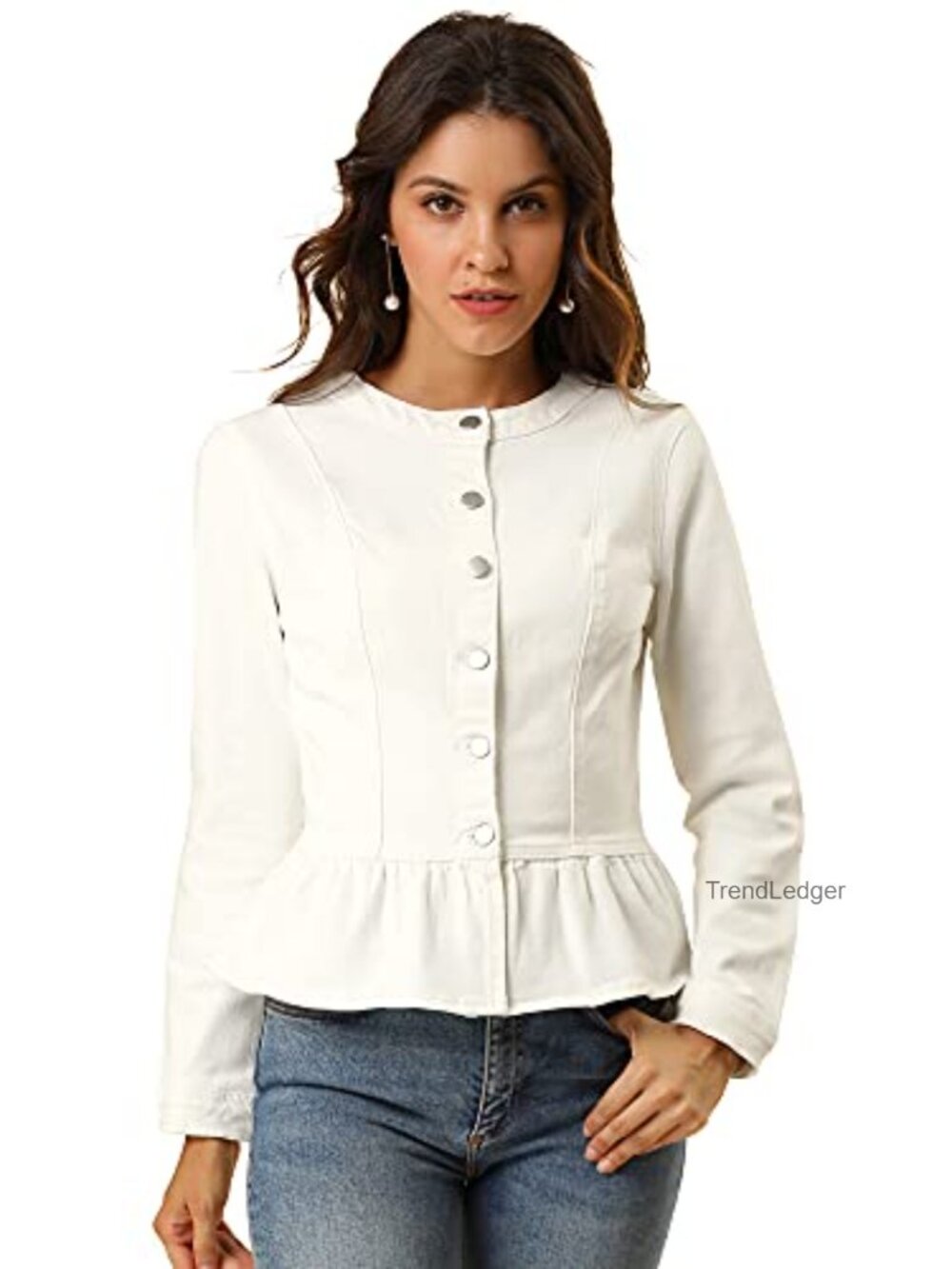 Peplum Denim Jacket Collarless Ruffle Hem Puff Sleeve Jean Jacket